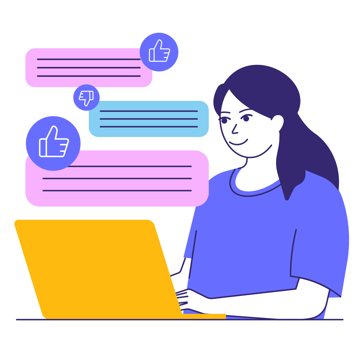 Ilustración de una mujer consultando una web en un portátil, con iconos de me gusta y comentarios flotando