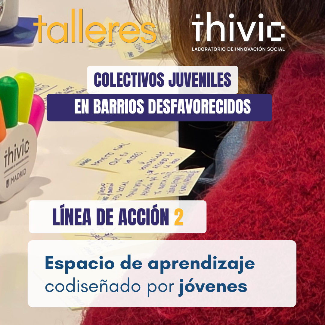 Detalle de una sesión de cocreación del laboratorio de innovación social THIVIC, con notas adhesivas y materiales de trabajo durante un taller de colectivos juveniles en barrios desfavorecidos. La imagen destaca la “Línea de acción 2: Espacio de aprendizaje codiseñado por jóvenes”, una propuesta desarrollada de forma colaborativa para responder a las necesidades de la juventud.