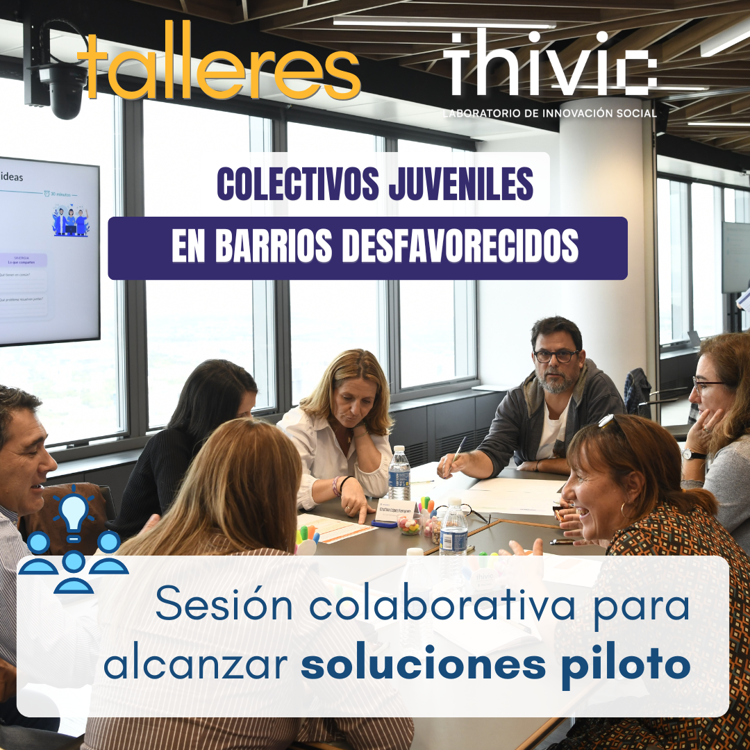 Sobre una fotografía de lasesión de trabajo colaborativo en una sala de reuniones luminosa, varias personas están sentadas alrededor de una mesa con documentos, rotuladores y botellas de agua. En la parte superior aparece el texto: “Talleres THIVIC. Colectivos juveniles en barrios desfavorecidos”. En la parte inferior, junto a un icono de colaboración e ideas, se lee: “Sesión colaborativa para alcanzar soluciones piloto”.