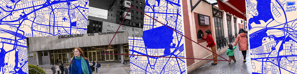 Collage de mapas, edificios y recorridos urbanos