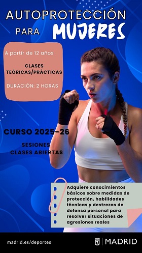 Cartel de curso de autoprotección para mujeres con persona entrenando