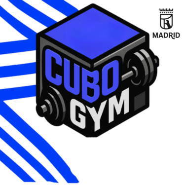 Logotipo Curo Gym con diseño de cubo y símbolo del Ayuntamiento de Madrid