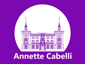 Logotipo morado Annette Cabelli con ilustración de edificio