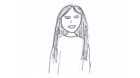 Dibujo a lápiz de retrato frontal con cabello largo, ojos delineados y camiseta lisa realizado en estilo boceto sobre fondo claro
