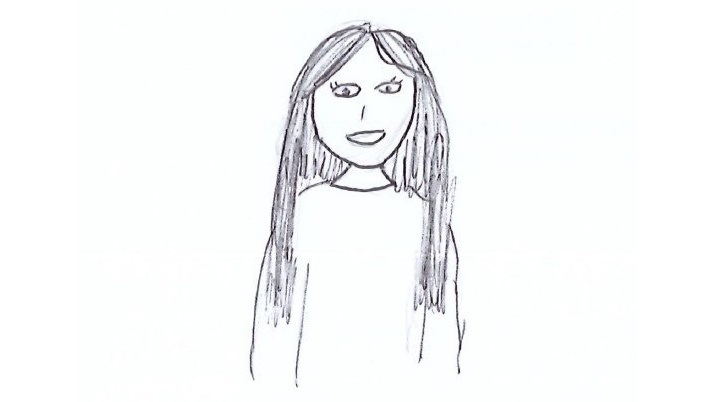 Dibujo a lápiz de retrato frontal con cabello largo, ojos delineados y camiseta lisa realizado en estilo boceto sobre fondo claro