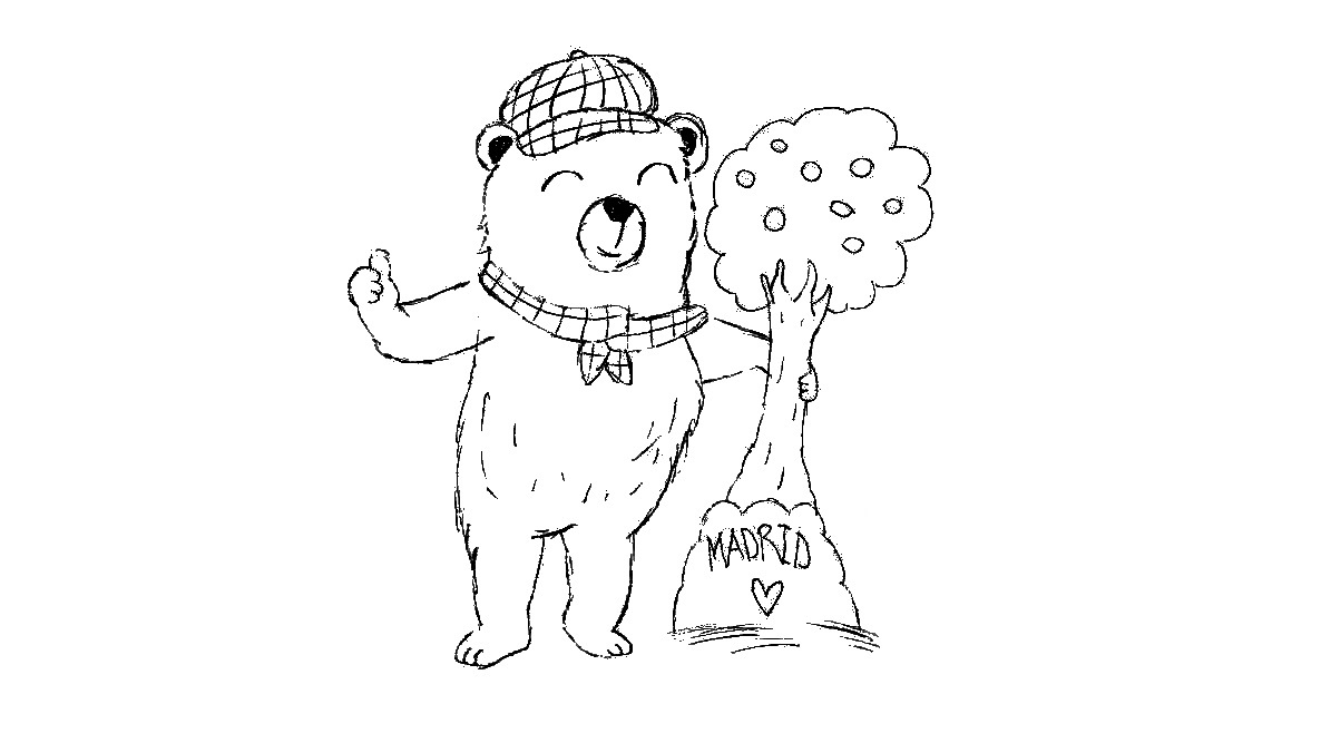 Dibujo a lápiz de un oso con gorro y bufanda junto a un árbol con la palabra “MADRID”, haciendo un gesto de aprobación.
