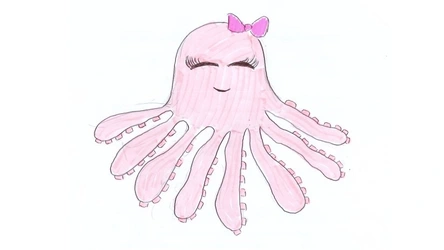 Ilustración de un pulpo rosa con lazo en la cabeza, ojos cerrados y pestañas destacadas, sobre fondo blanco.
