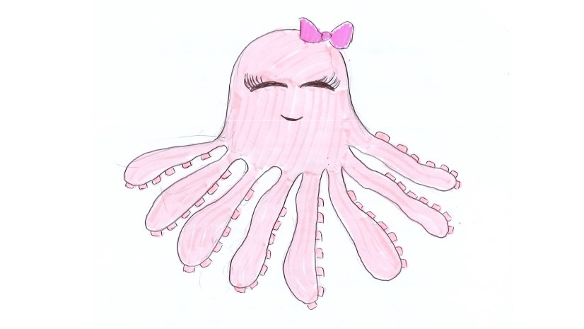 Ilustración de un pulpo rosa con lazo en la cabeza, ojos cerrados y pestañas destacadas, sobre fondo blanco.