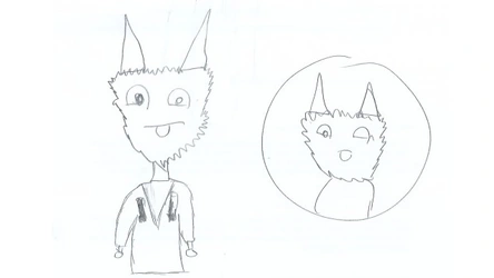 Dibujo a lápiz de un personaje con cabeza peluda, orejas puntiagudas y ropa sencilla; incluye un retrato circular del mismo personaje.