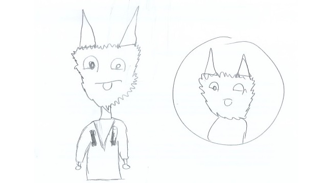 Dibujo a lápiz de un personaje con cabeza peluda, orejas puntiagudas y ropa sencilla; incluye un retrato circular del mismo personaje.