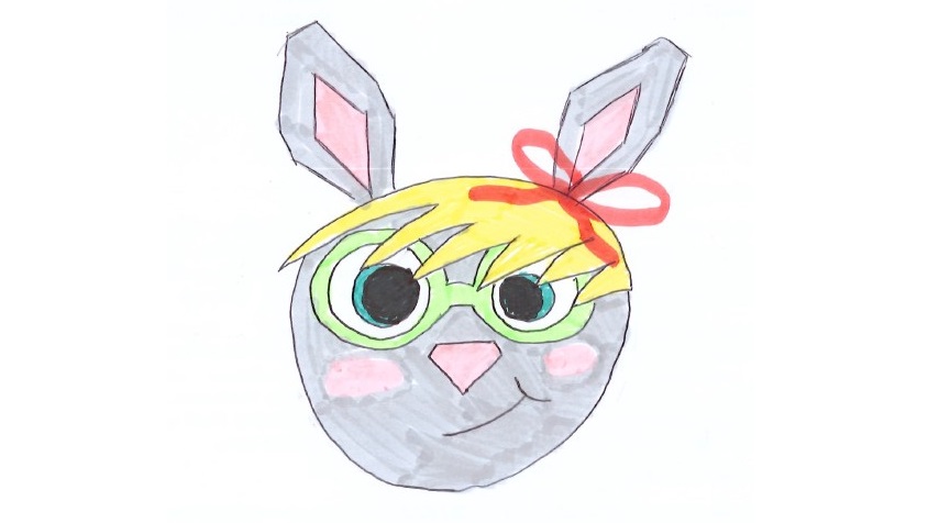 Ilustración de una cara de conejo gris con gafas verdes, cabello rubio y lazo rojo, sobre fondo blanco.