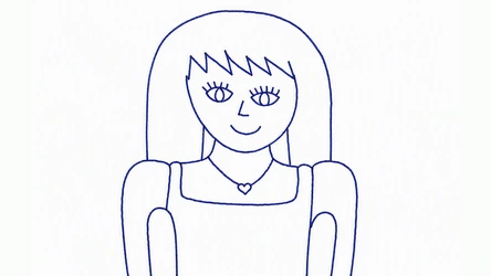 Dibujo a bolígrafo azul de una persona con cabello largo, vestido sencillo y collar con colgante, sobre fondo blanco.