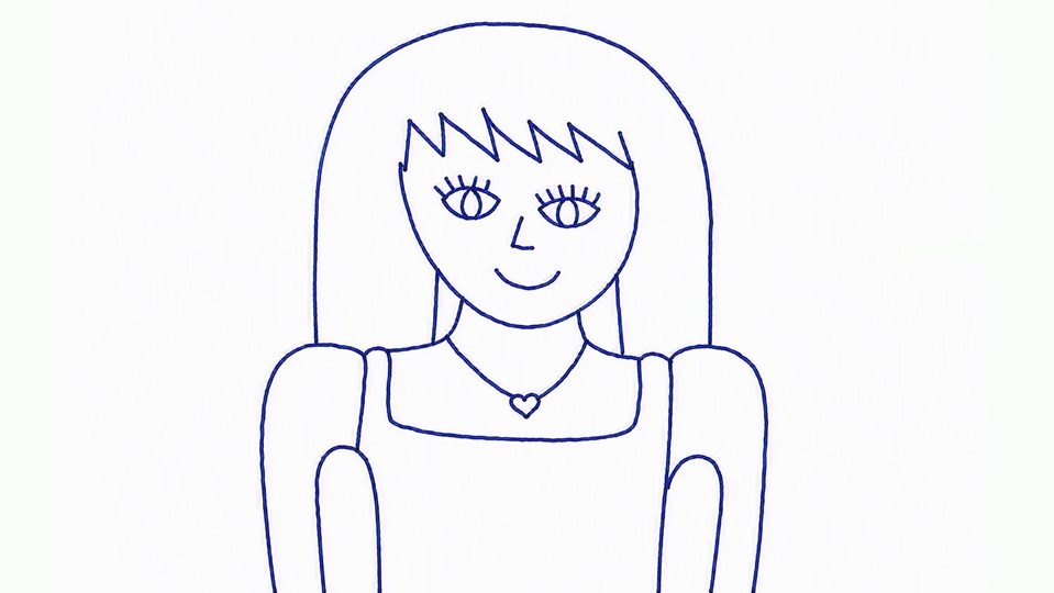 Dibujo a bolígrafo azul de una persona con cabello largo, vestido sencillo y collar con colgante, sobre fondo blanco.