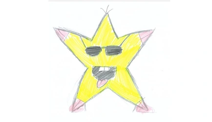 Caricatura de una estrella amarilla de cinco puntas, con gafas oscuras, dos dientes visibles y detalles rosados en las extremidades.