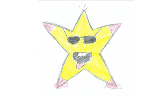 Caricatura de una estrella amarilla de cinco puntas, con gafas oscuras, dos dientes visibles y detalles rosados en las extremidades.