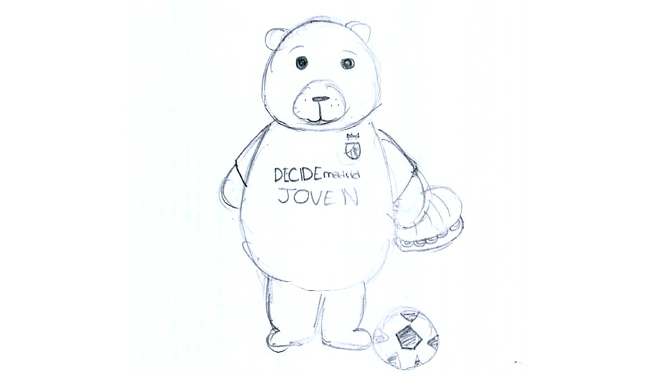 Dibujo a lápiz de un oso antropomórfico de pie, con camiseta deportiva, sosteniendo un balón y junto a un balón de fútbol en el suelo