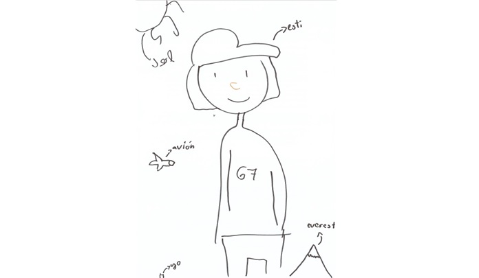 Dibujo lineal de un personaje de pie con gorra, rodeado de pequeños elementos como un avión, una montaña y trazos decorativos, sobre fondo blanco.