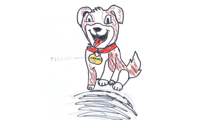 Dibujo de un perro caricaturesco sentado, con collar rojo y chapa circular. Presenta manchas marrones y lengua visible