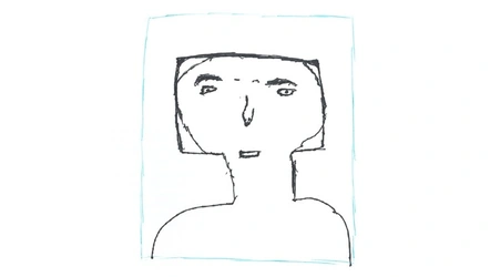 Dibujo lineal de un busto humano esquemático con rostro geométrico, cabello recto enmarcando la cara y trazos sencillos sobre fondo blanco.