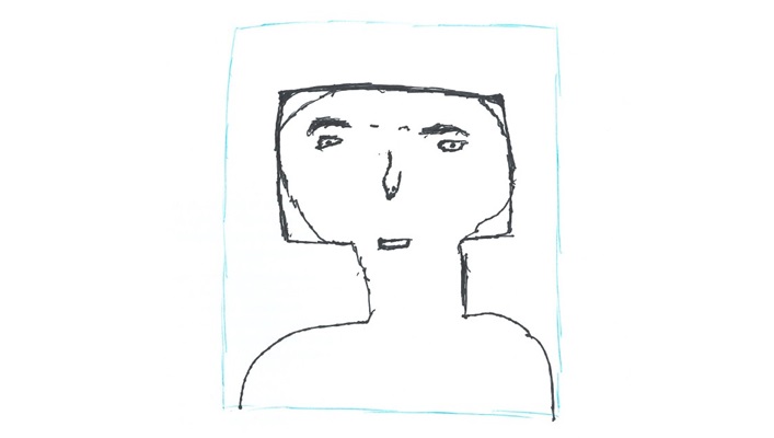 Dibujo lineal de un busto humano esquemático con rostro geométrico, cabello recto enmarcando la cara y trazos sencillos sobre fondo blanco.