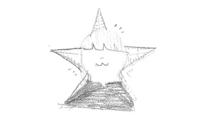 Dibujo de personaje con forma de estrella, cabello puntiagudo y camiseta oscura realizado a lápiz sobre fondo blanco