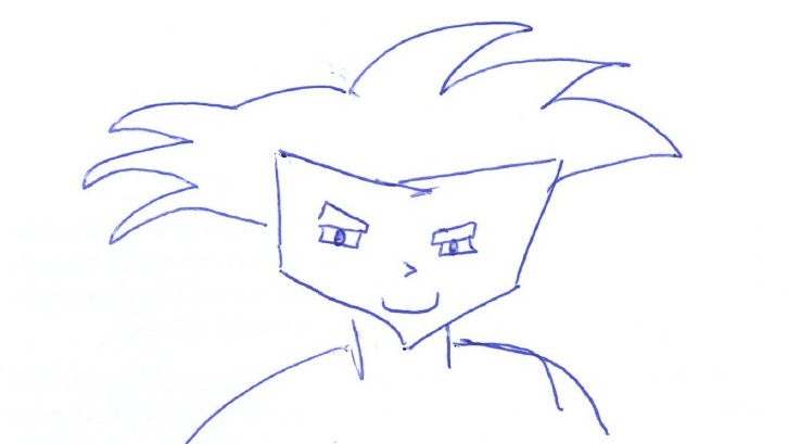 Dibujo a mano de personaje caricaturesco con cabello puntiagudo y rostro geométrico sobre fondo blanco