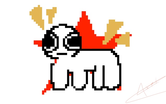Dibujo pixelado de criatura fantástica blanca con grandes ojos negros, detalles rojos y elementos decorativos amarillos sobre fondo claro