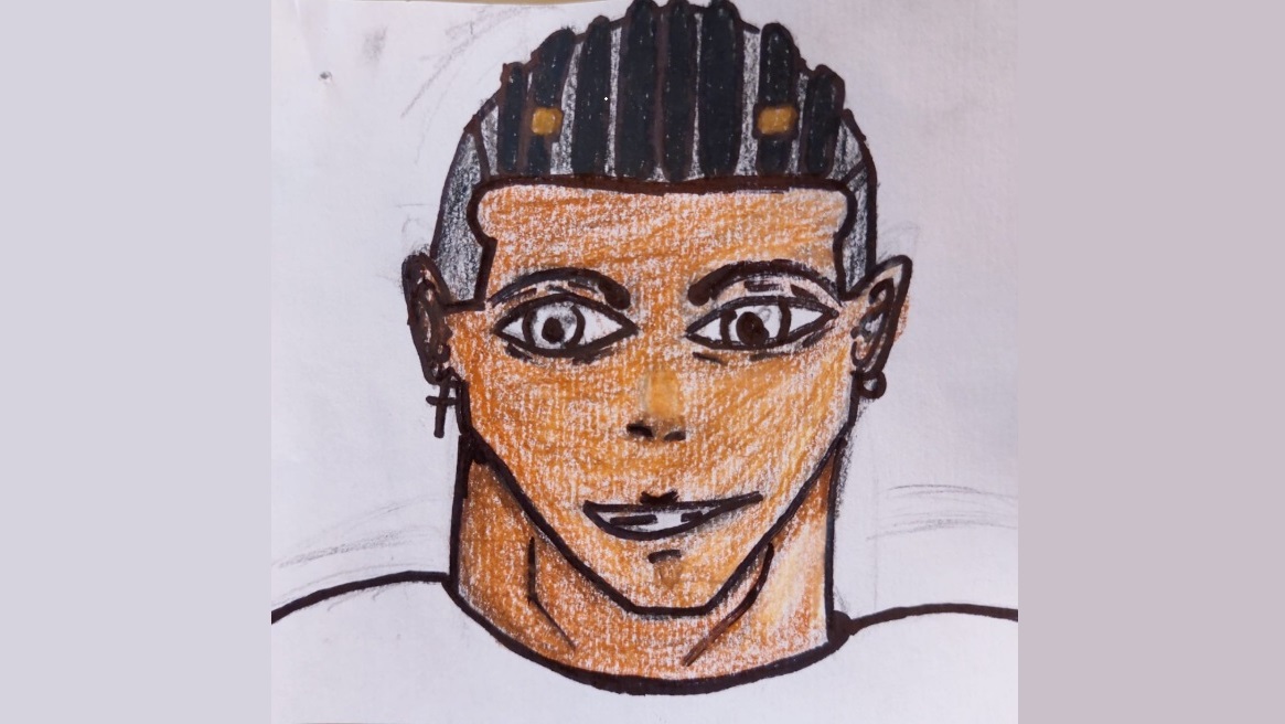Retrato dibujado a mano de una persona con cabello trenzado, pendientes y rasgos faciales definidos, sobre fondo blanco.
