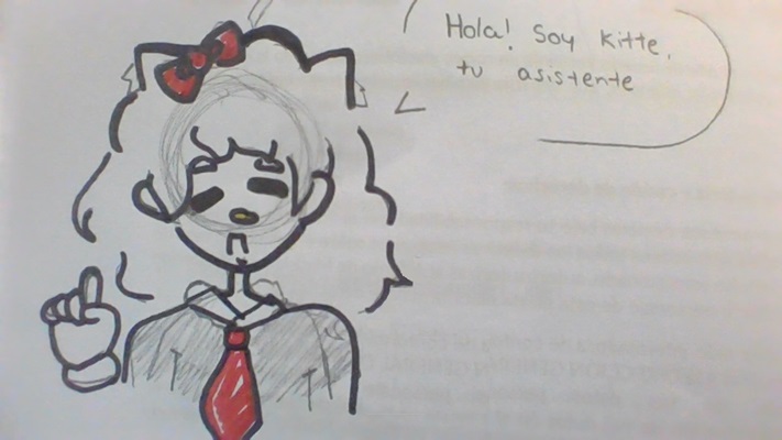 Dibujo a mano de personaje caricaturesco con cabello voluminoso, lazo rojo y corbata roja 