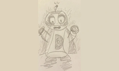 Boceto a lápiz de un personaje robótico con capa, símbolo de letra D en el torso y objetos en ambas manos