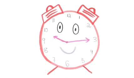 Dibujo de reloj despertador caricaturesco con esfera sonriente, números de horas y flecha horizontal sobre fondo blanco