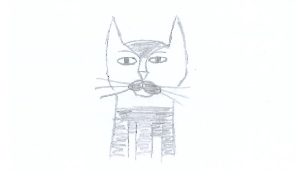 Dibujo a lápiz de un gato visto de frente, con orejas puntiagudas, bigotes largos y cuerpo simplificado