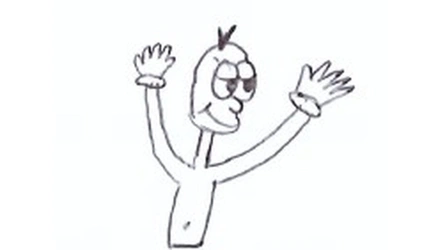 Dibujo a lápiz de un personaje caricaturesco visto de frente, con los brazos levantados y las manos abiertas