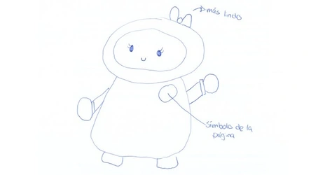 Dibujo a mano de un personaje de cuerpo redondeado y cabeza grande, con un lazo en la parte superior y brazos extendidos