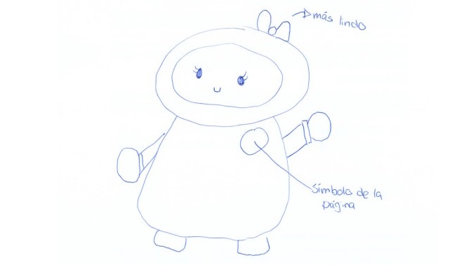 Dibujo a mano de un personaje de cuerpo redondeado y cabeza grande, con un lazo en la parte superior y brazos extendidos