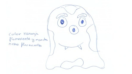 Boceto de un monstruo amistoso con ojos grandes, colmillos pequeños y anotaciones de color realizadas a mano
