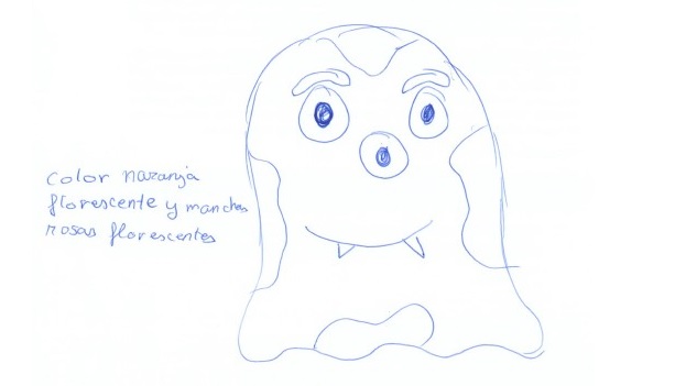 Boceto de un monstruo amistoso con ojos grandes, colmillos pequeños y anotaciones de color realizadas a mano