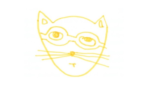 Boceto de un gato con gafas y bigotes, dibujado con líneas amarillas sobre fondo blanco