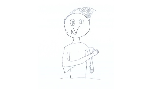 Dibujo a lápiz de personaje humanoide con cabeza redonda, ojos grandes, peinado triangular y brazo cruzado sosteniendo un objeto
