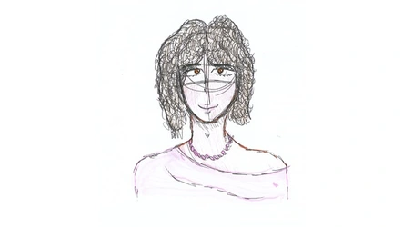 Retrato dibujado a mano de persona con cabello rizado, collar de cuentas y blusa de un hombro sobre fondo claro