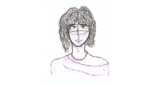 Retrato dibujado a mano de persona con cabello rizado, collar de cuentas y blusa de un hombro sobre fondo claro