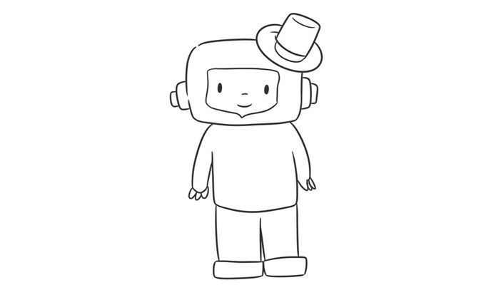 Robot infantil con sombrero de copa, ilustración minimalista en blanco y negro