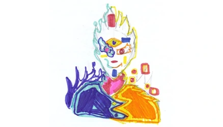 Dibujo de personaje mitad orgánico y mitad tecnológico con colores vibrantes, ojo central y elementos geométricos en estilo boceto artístico