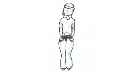Dibujo a lápiz de figura humana estilizada con gorro, sudadera con capucha y pantalones holgados en vista frontal sobre fondo claro