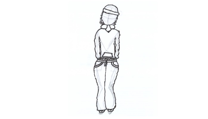 Dibujo a lápiz de figura humana estilizada con gorro, sudadera con capucha y pantalones holgados en vista frontal sobre fondo claro