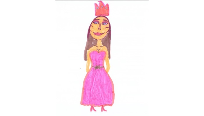 Dibujo de personaje con corona y vestido rosa largo, realizado a mano con colores vivos y estilo de cuento sobre fondo claro