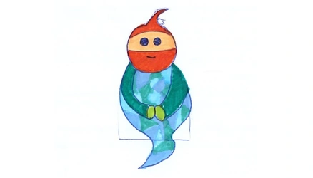 Dibujo de personaje fantástico con cabeza redonda anaranjada, mechón puntiagudo y cuerpo envuelto en una manta azul con patrón de rombos