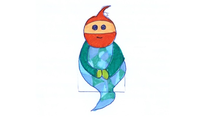 Dibujo de personaje fantástico con cabeza redonda anaranjada, mechón puntiagudo y cuerpo envuelto en una manta azul con patrón de rombos
