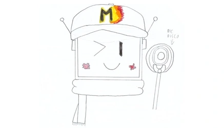 Dibujo de personaje robótico sonriente con gorra, mejillas rosadas y antena con emblema circular sobre fondo claro