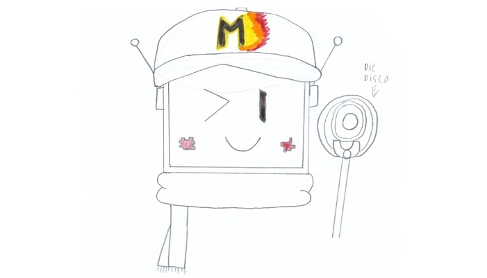 Dibujo de personaje robótico sonriente con gorra, mejillas rosadas y antena con emblema circular sobre fondo claro